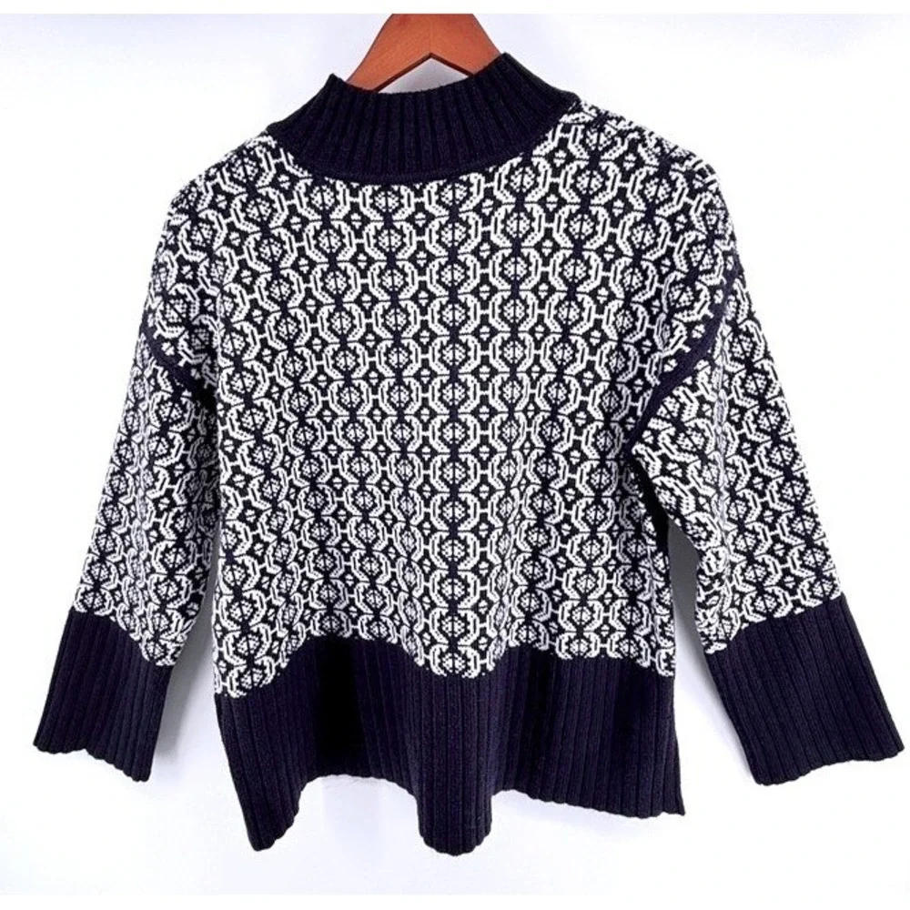 Dark Navy & White Fair Isle Nordic Sweater Sz L Mock Neck Hi-Low Wool Blend NEW